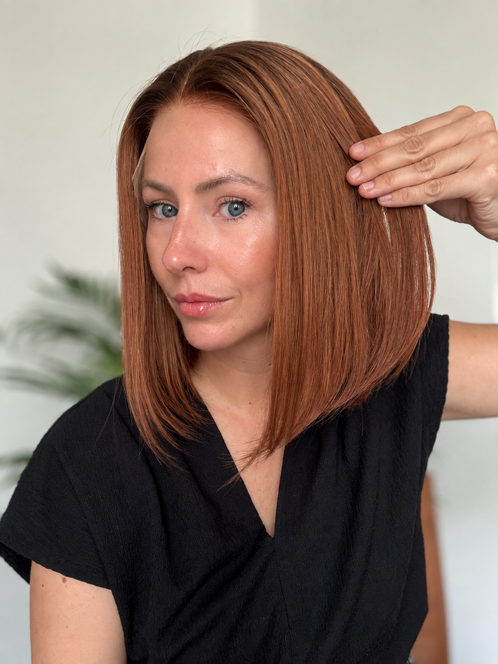 Kate Perücke | 12 Zoll warmer brauner Balayage Bob | 13x6 HD-Spitzenperücke aus Echthaar | 110 % geringe Dichte | Größe S | Versandfertig