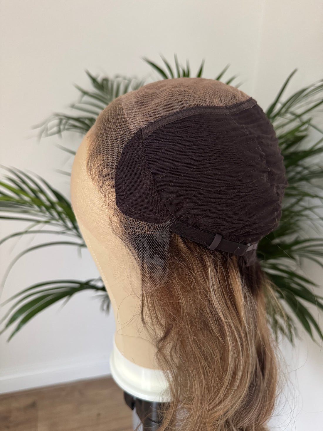 Inside view of lace cap construction on premium human hair wig