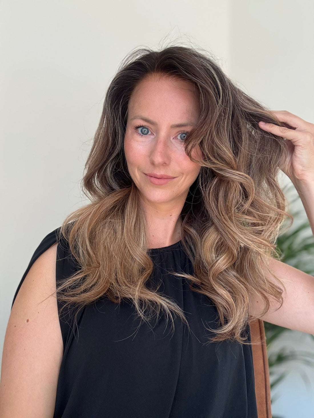 Olivia brown blonde balayage human hair wig side and back view