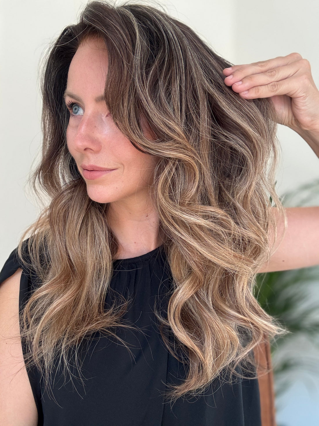 Olivia brown blonde balayage human hair wig side view