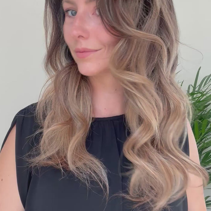 Olivia 22 inch brown blonde balayage human hair wig in motion